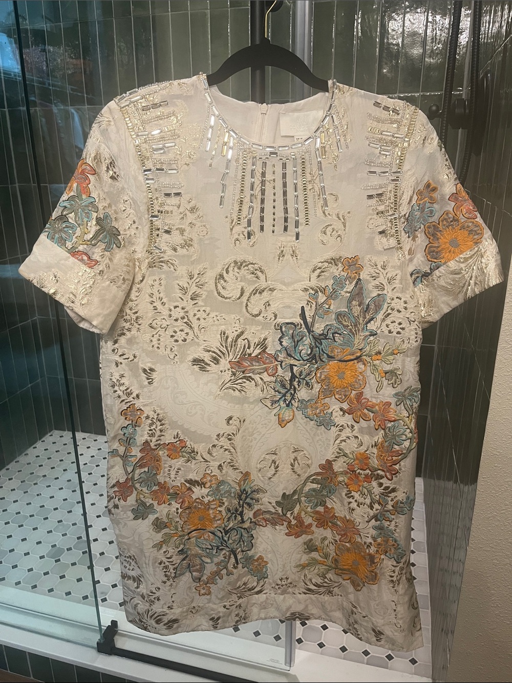 H&M Cream Mini Dress with Orange & Blue Floral Embroidery